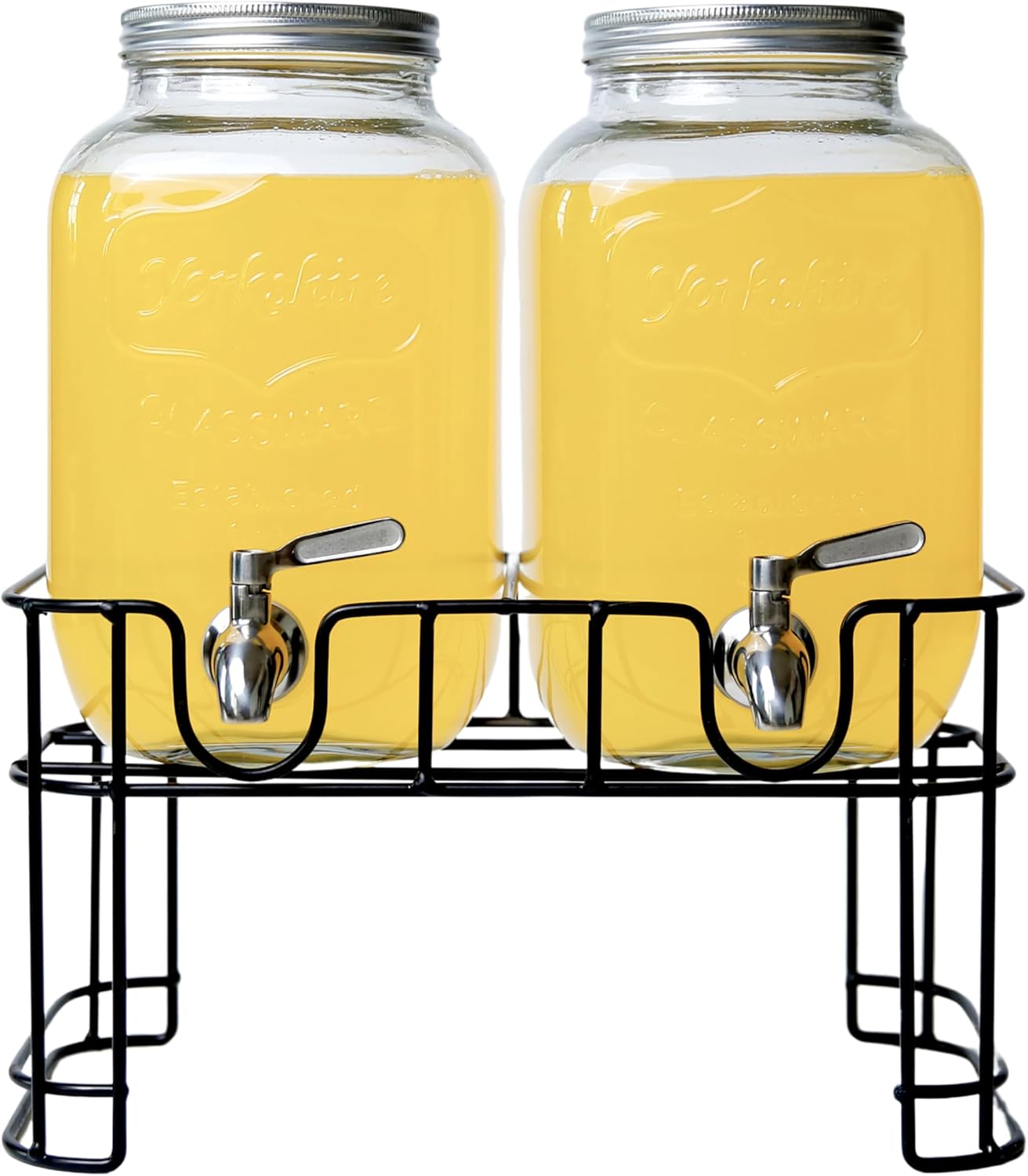 Dual Gallon Glass Beverage Dispensers with Metal Stand and Stainless Steel Spigots – Classic Mason Jar Design for Cold Drinks, Iced Tea, and Kombucha