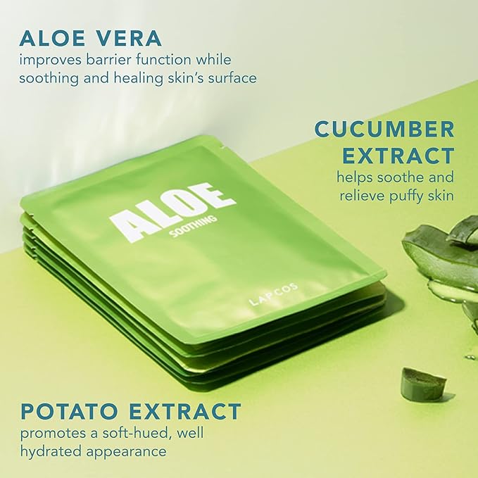 LAPCOS Aloe Sheet Mask, Daily Face Mask with Cucumber and Aloe Gel to Calm and Moisturize Skin, Korean Beauty Favorite, 5-Pack