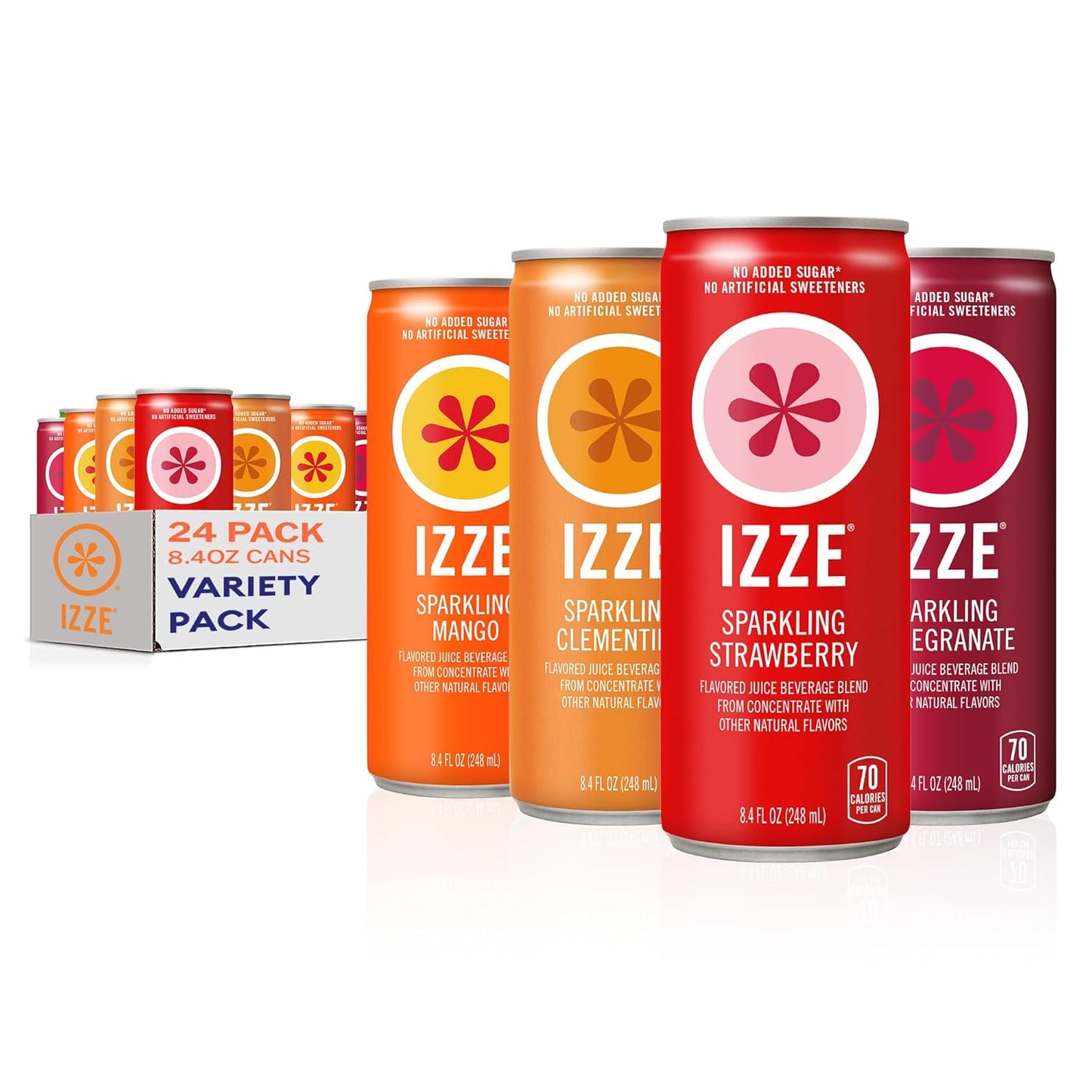 IZZE Sparkling Water Juice Beverage Blend, Dawn Variety Pack, Mango, Clementine, Strawberry, Pomegranate, No Sugar Added, 8.4 FL OZ, 24 Cans