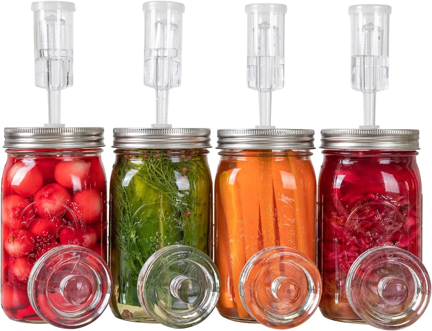 JILLMO Fermentation Kit for Wide Mouth Mason Jars – 4 Pack Fermentation Lids with Airlocks and Glass Weights, Easy Fermenting Set (Jars Not Included)