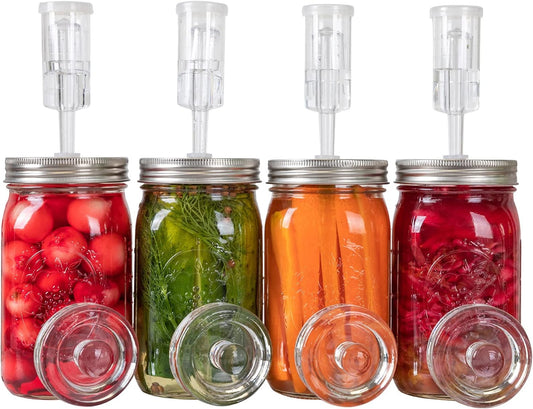 JILLMO Fermentation Kit for Wide Mouth Mason Jars – 4 Pack Fermentation Lids with Airlocks and Glass Weights, Easy Fermenting Set (Jars Not Included)