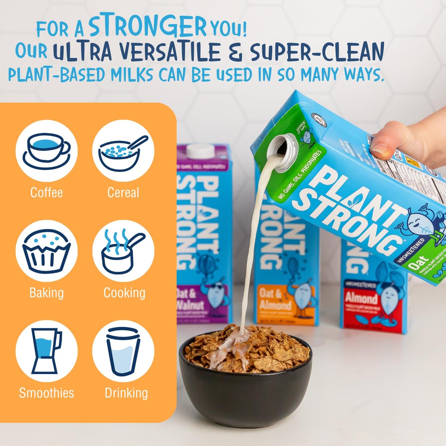 PLANTSTRONG Oat & Almond Milk 32oz (6 Pack) - NON-GMO - Plant Based, Vegan - Gluten Free Dairy Free - Shelf Stable - Lactose Free Milk - No Gums or Oils