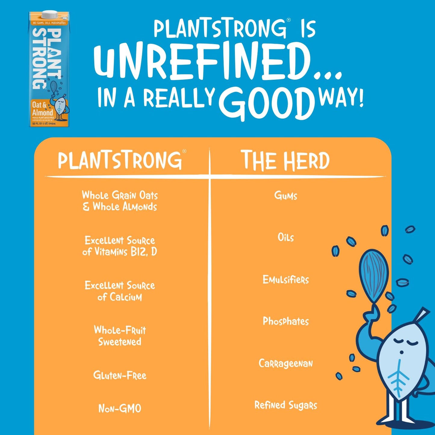 PLANTSTRONG Oat & Almond Milk 32oz (6 Pack) - NON-GMO - Plant Based, Vegan - Gluten Free Dairy Free - Shelf Stable - Lactose Free Milk - No Gums or Oils