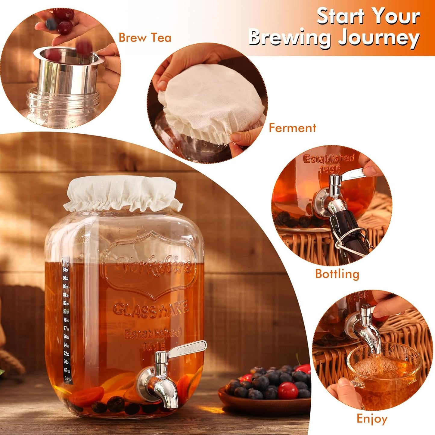 1 Gallon Kombucha Starter Kit, Glass Kombucha Jar with Spigot and Stainless Steel Mesh Filter Fermentation Kit for Home Brewed Kombucha Bottles, Includes Test Strips, Measuring Cups, Cloth Top