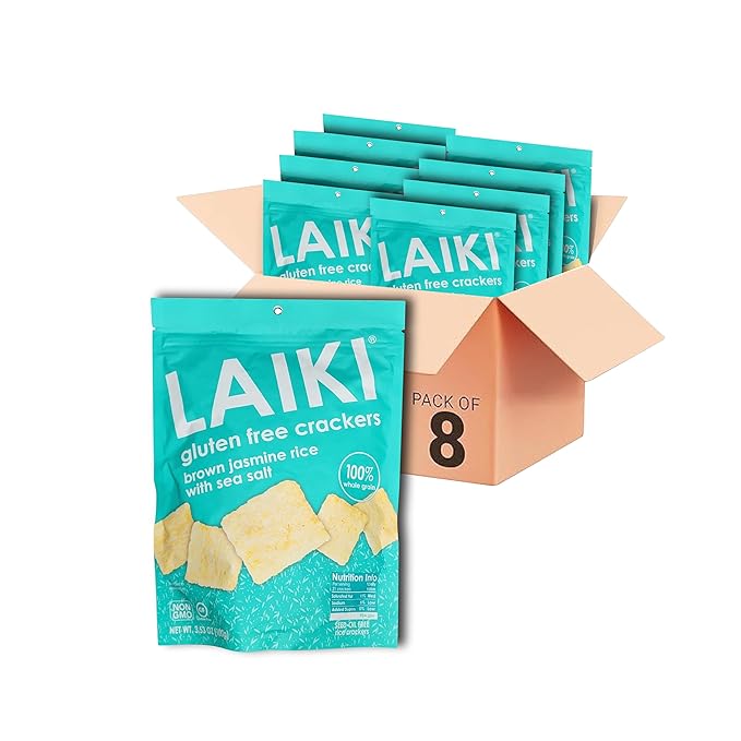 Gluten Free Rice Crackers - Seed-Oil Free - Snacks - Low Sodium Crackers Crunch - Allergen-Friendly , Vegan, Non-GMO Verified, FODMAP Friendly, Brown Jasmine Rice Simply Sea Salt flavor - 3.53 Oz Bag (Pack of 8)