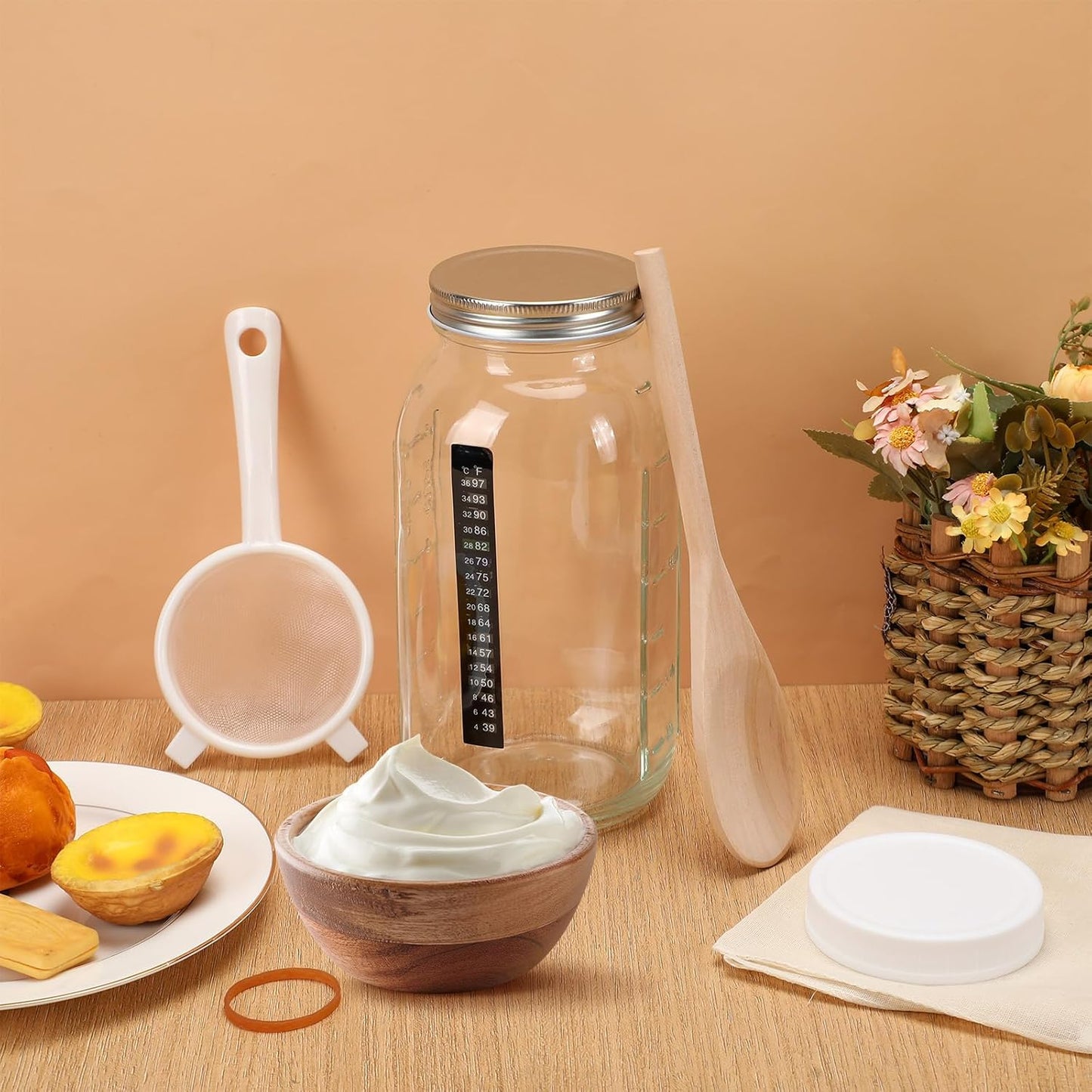 Honeydak 8 Pcs Complete Kefir Starter Kit Kombucha Fermenter Kit Half Gallon 64oz Mason Jar Wide Mouth with Plastic Storage Lid Nylon Mesh Strainer Cotton Cloth Cover and Wood Spoon