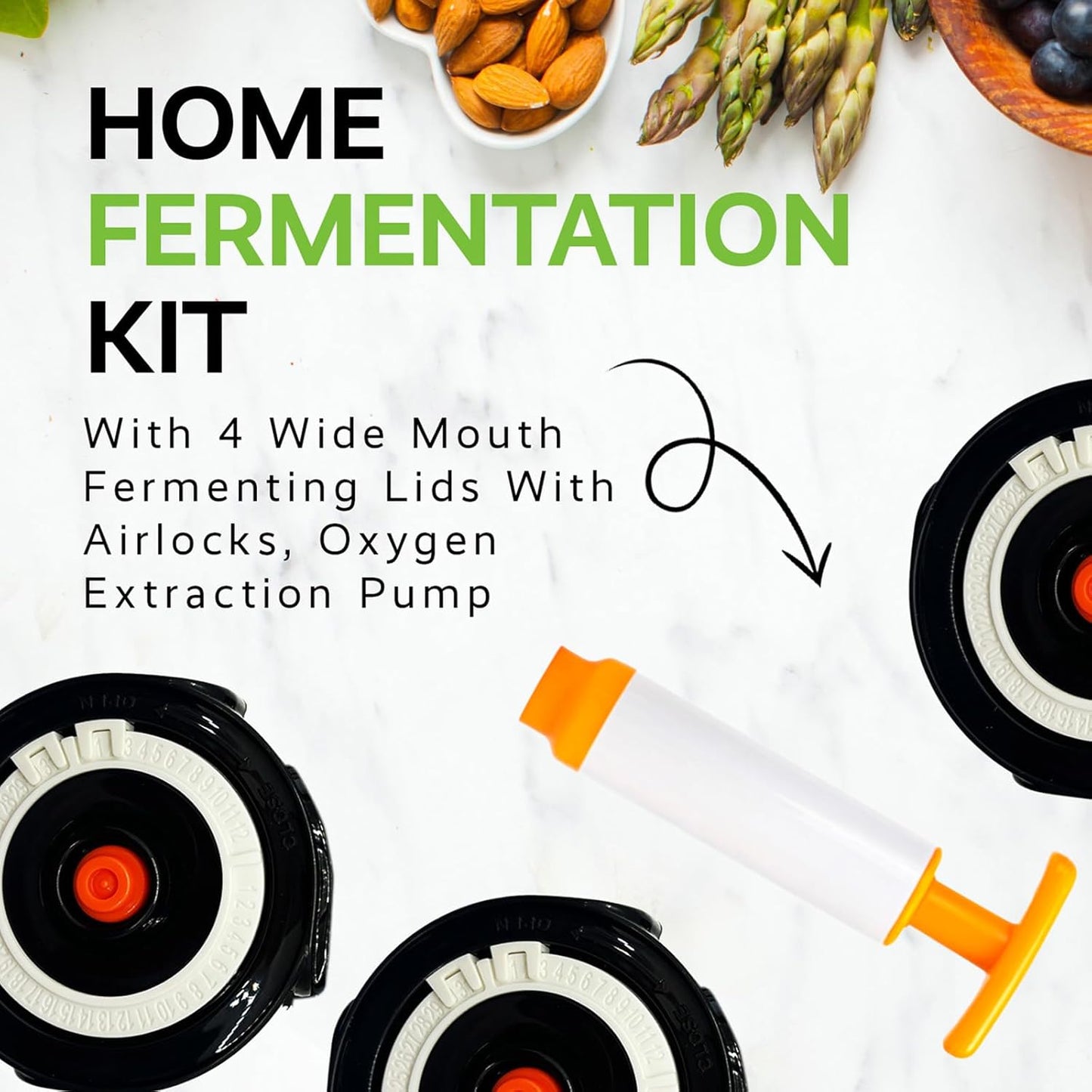 Home Fermentation Kit With 4 Wide Mouth Fermenting Lids With Airlocks, Oxygen Extraction Pump, Ideal For Sauerkraut, Kimchi, Pickles & Fermented Vegetable