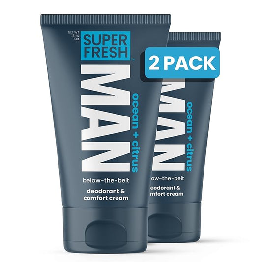 Super Fresh Ball Deodorant Lotion for Men Aluminum Free Hygiene Cream for Groin Butt and Body Controls Odor Reduces Chafing Twin Pack 4 oz Tubes for Daily Freshness Comfort and Sweat Protection