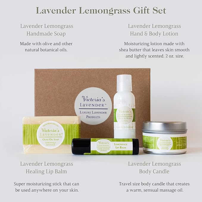Victoria's Lavender Natural Body Products Gift Set - Handmade Soap, Hand & Body Lotion, Lip Balm, Body Candle Skin Care Sets & Kits, Lavender Bath and Body Products for Women, Lavender Lemongrass