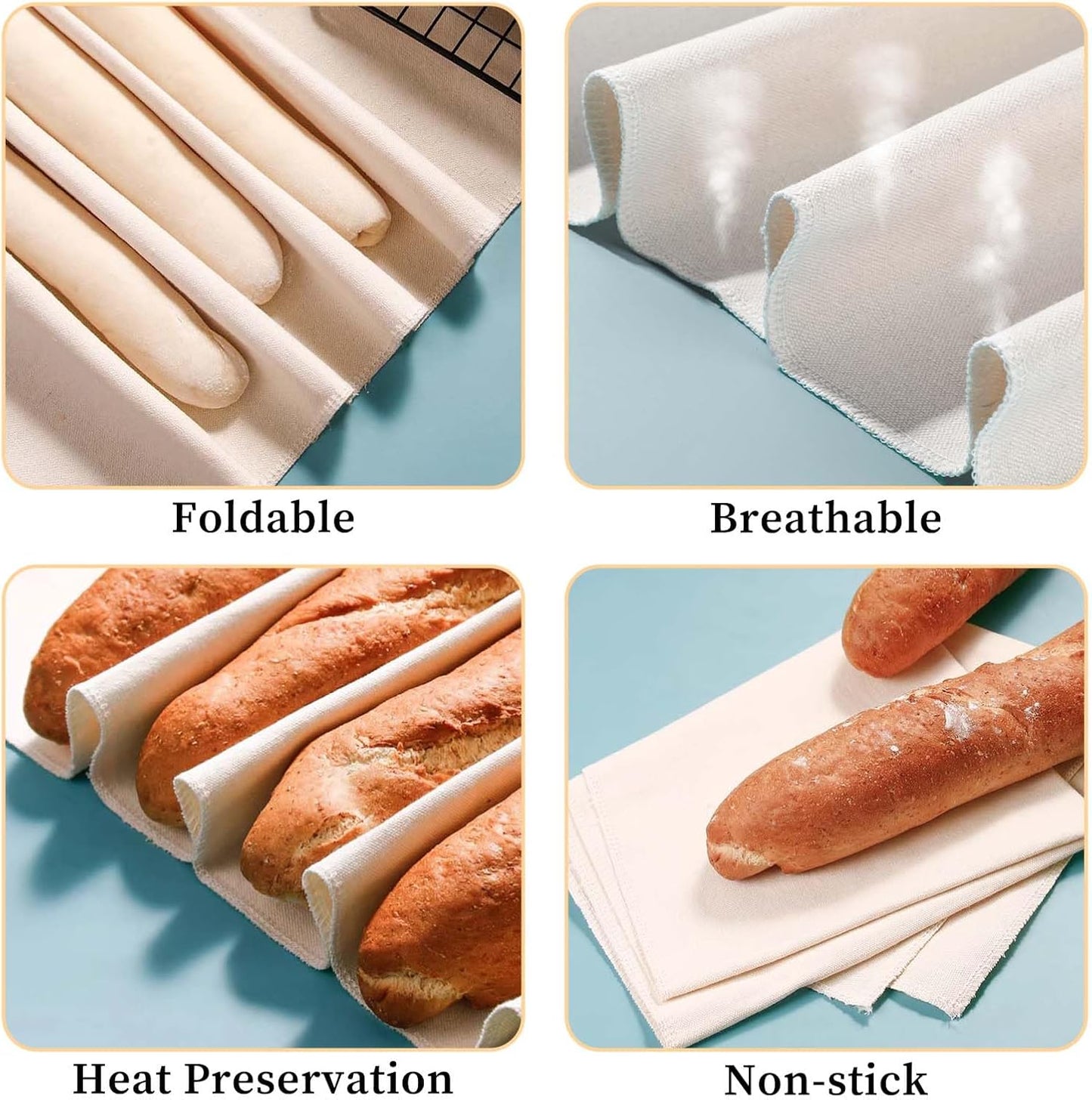 Mozeat Lens Proofing Cloth for Bread Baking 2PCS 17x29 Inches Linen Cloth Reusable Bread Proofing Cloth Thick Baking Bread Cloth for Rolling Dough, Baguettes, Loaves, Pastry, Homemade Bread