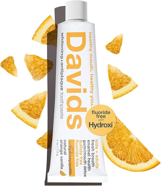 Davids Hydroxi Fluoride Free Nano Hydroxyapatite Toothpaste for Enamel Health & Whitening, Antiplaque, SLS Free, Kid Friendly Orange Vanilla Flavor, 4 oz, Made in USA