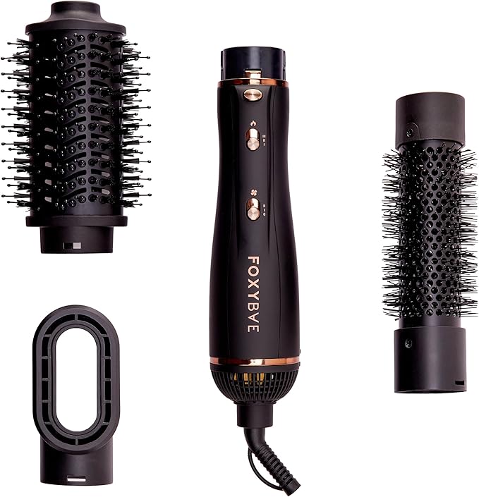 FoxyBae 3-in-1 Ceramic Interchangeable Hair Tools - Blowout Dryer - 3 Detachable Heads: 2.4" Blowout-Brush, 1.5" Hot Round Brush & Drying Cylinder Hair-Dryer & Hair Styling Set (Black Rose-Gold)