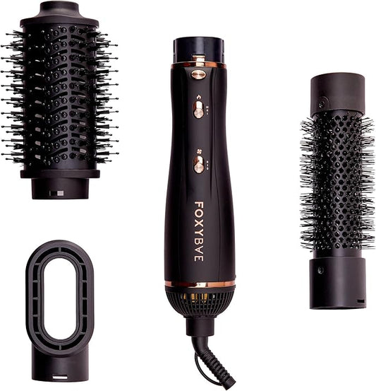 FoxyBae 3-in-1 Ceramic Interchangeable Hair Tools - Blowout Dryer - 3 Detachable Heads: 2.4" Blowout-Brush, 1.5" Hot Round Brush & Drying Cylinder Hair-Dryer & Hair Styling Set (Black Rose-Gold)
