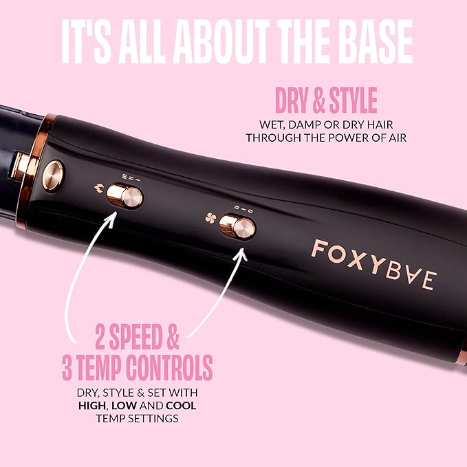FoxyBae 3-in-1 Ceramic Interchangeable Hair Tools - Blowout Dryer - 3 Detachable Heads: 2.4" Blowout-Brush, 1.5" Hot Round Brush & Drying Cylinder Hair-Dryer & Hair Styling Set (Black Rose-Gold)