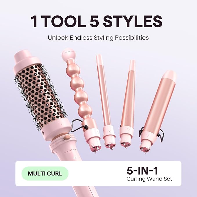 Wavytalk 5 in 1 Curling Iron,Curling Wand Set with Curling Brush and 4 Interchangeable Ceramic Curling Wand(0.5”-1.25”),Instant Heat Up,Include Heat Protective Glove & 2 Clips (Pink)