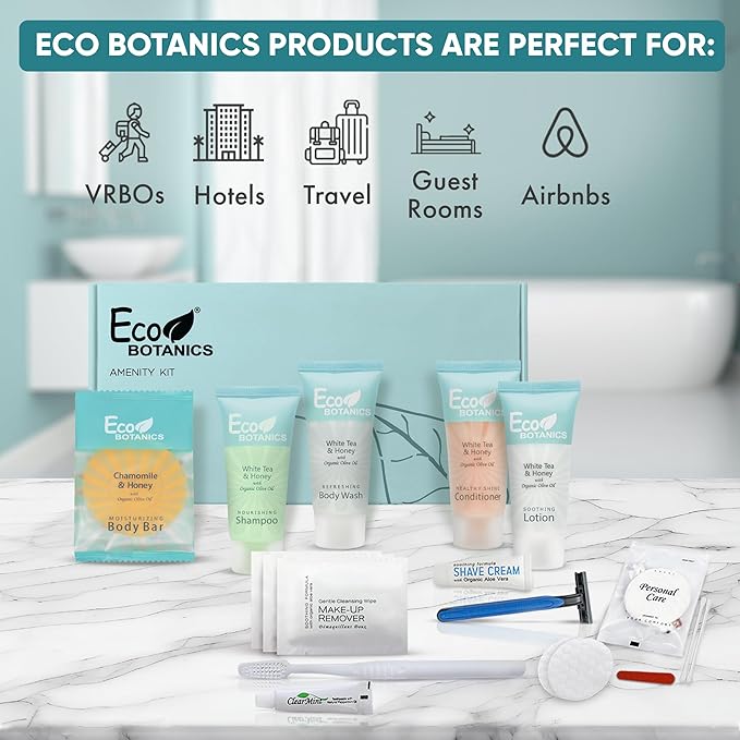 Eco Botanics Amenity & Accessory Kit | 0.85 oz Travel Size Shampoo, Conditioner, Lotion, Body Wash, Body Bar, Cleansing Bar, Shave & Dental Sets, Make-Up Remover Wipes, & Vanity Kit | 1 set per case