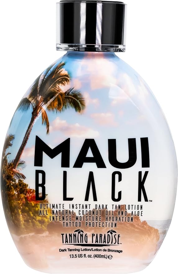 Tanning Paradise Maui Black TanningLotion Instant Dark Tanning Lotion Natural Tan Lotion with Coconut Oil and Aloe Hydration Boost and Tattoo Protection 13.5oz