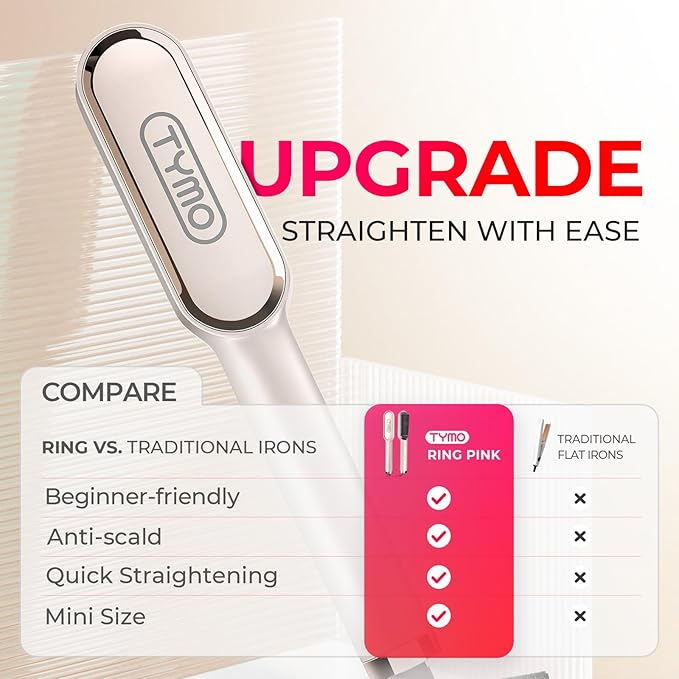 Hair Straightener Brush, TYMO Ring Hair Straightener Comb Straightening Brush for Women with 5 Temps 20s Fast Heating & Dual Voltage, Gold