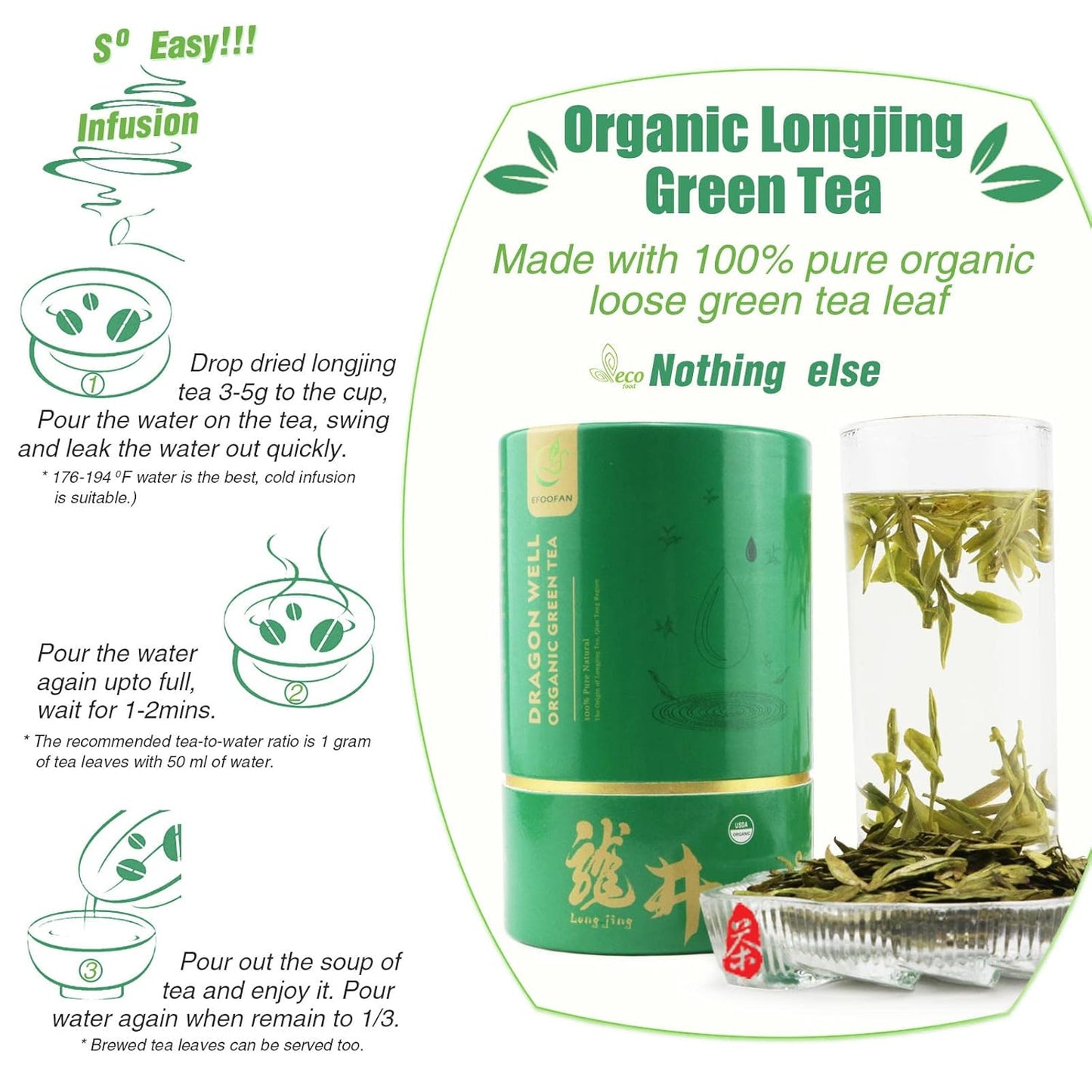 EFOOFAN USDA Certified Organic Longjing Green Tea Loose Leaf, 3oz, Buds Leaves Hand-Picked, Authentic Chinese Dragonwell Tea Origin, Premium and Edible Long Jing