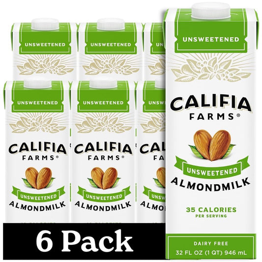 Califia Farms - Unsweetened Almond Milk, 32 Oz (Pack of 6), Dairy Free, Vegan, Plant Based, Keto Food, Shelf Stable, Vegan, Gluten Free, Non GMO, Sugar Free, High Calcium, Smoothie