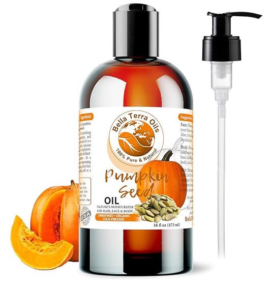 Bella Terra Oils - Organic Pumpkin Seed Oil 16oz - An Ode to Organic Pumpkin's Nutrient Array, Packed with Cucurbitin & Essential Amino Acids, A Skin's Cherished Elixir