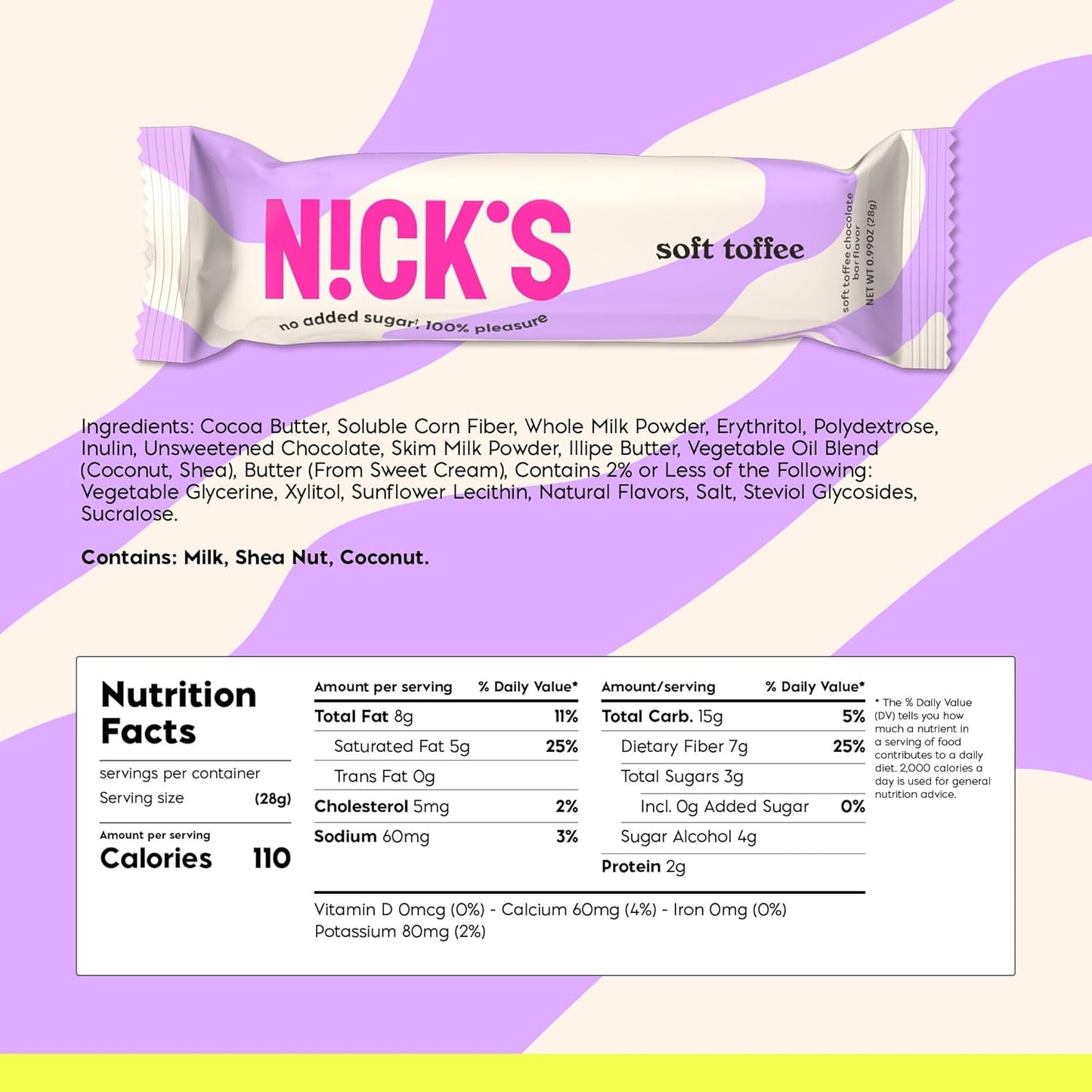 NICKS Soft Toffee Chocolate Bar with Caramel Without Added Sugar,110 Calories, 3.5 Net Carbs, Gluten Free, Low Carb Candy (15x28g)