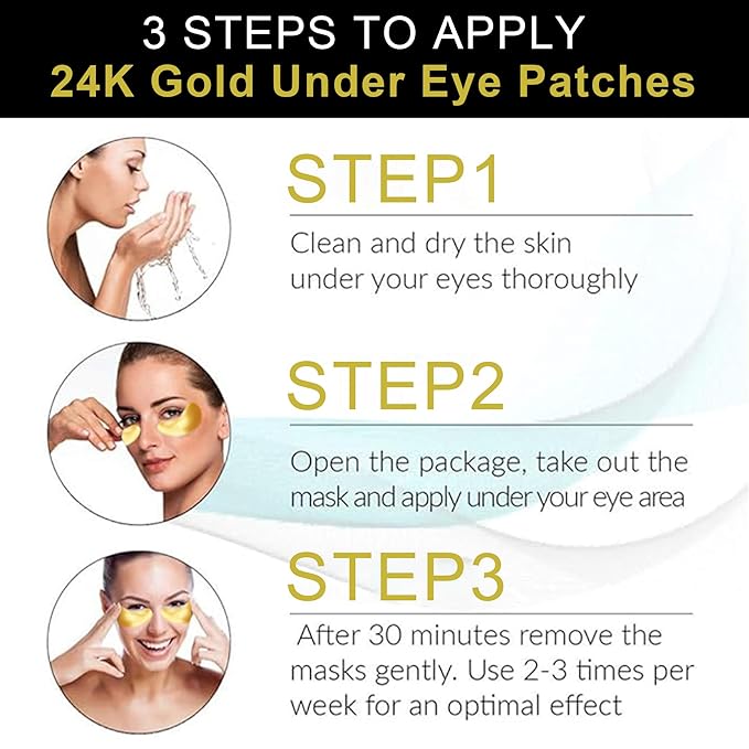 Under Eye Patches - 30 Pairs 24K Gold Moisturizing Under Eye Mask, Anti Aging Collagen Eye Masks Skincare Eye Patches for Puffy Eyes and Dark Circles, Gold