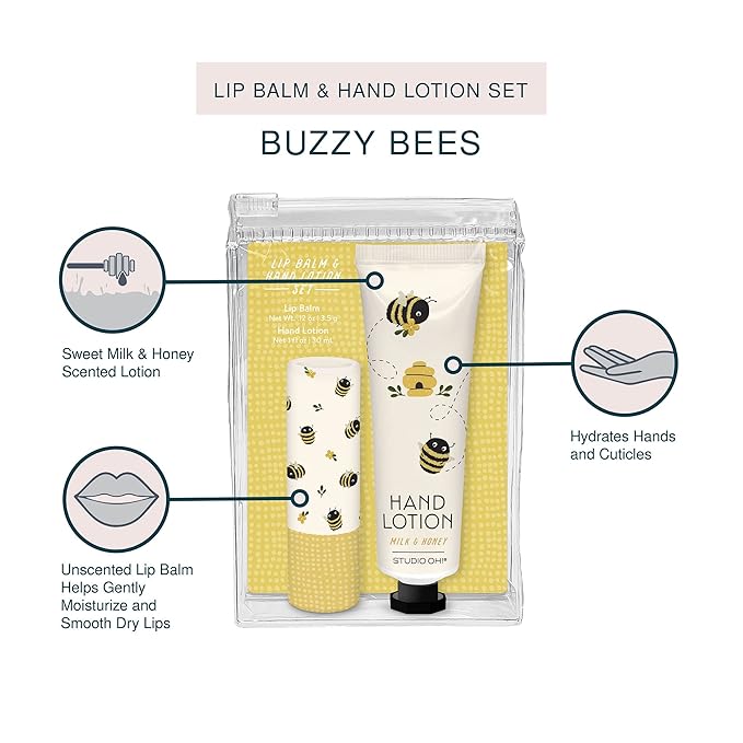 Studio Oh! Lip Balm & Hand Lotion Set - Travel-Size Toiletries, 2-Piece Gift Set - Moisturizing, Portable - Buzzy Bees