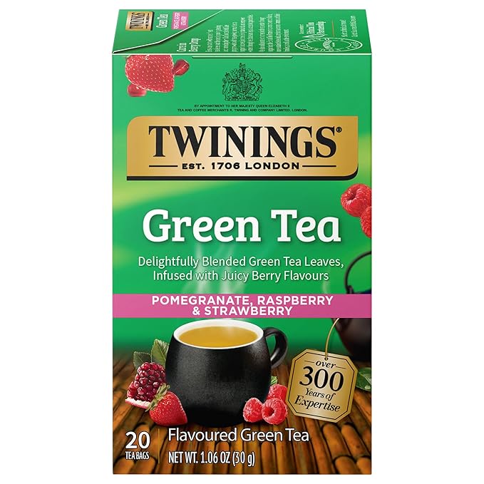 Twinings Green Tea with Pomegranate, Raspberry, & Strawberry Individually Wrapped Bags, 20 Count (Pack of 1), Caffeinated, Enjoy Hot or Iced, 20 Teabags