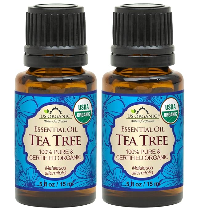 US Organic 100% Pure Tea Tree Essential Oil, Steam Distilled, USDA Certified Organic, for Hair, Skin, Scalp, Foot, Toenails, and More. Sourced from South Africa, Undiluted, Non-GMO (15 ml, 2 Pack)