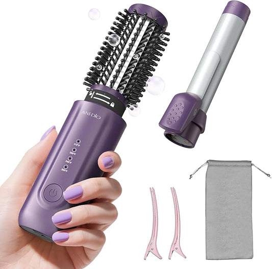 Cordless Curling Iron Brush, 2 in 1 Mini Travel Hot Straightener Comb with 200 Million Negative Ions, Dual Voltage & Lightweight for Travel, Anti-Tangle, 4 Temps, Purple