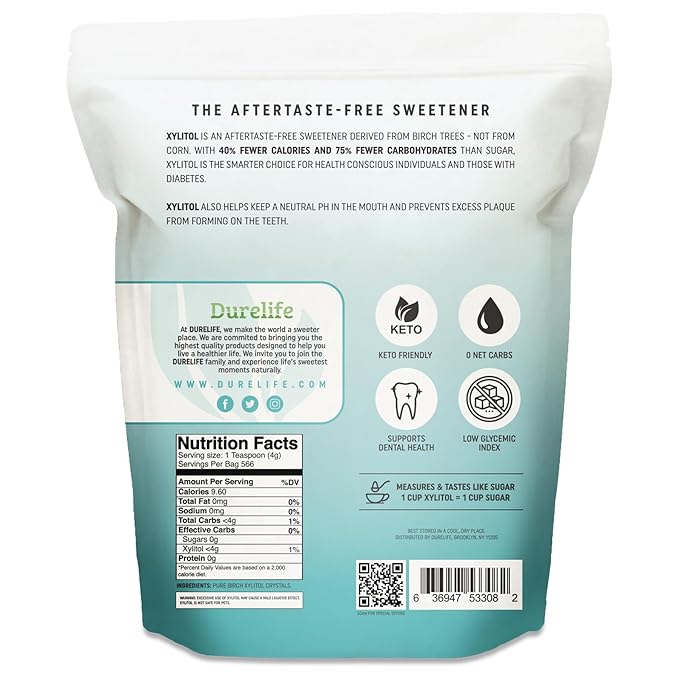 DureLife XYLITOL Sugar Substitute 5 LB Bulk (80 OZ) Made From 100% Pure Birch Xylitol NON GMO - Gluten Free - Kosher, Natural sugar alternative, Packaged In A Resealable zipper lock Stand Up Pouch Bag