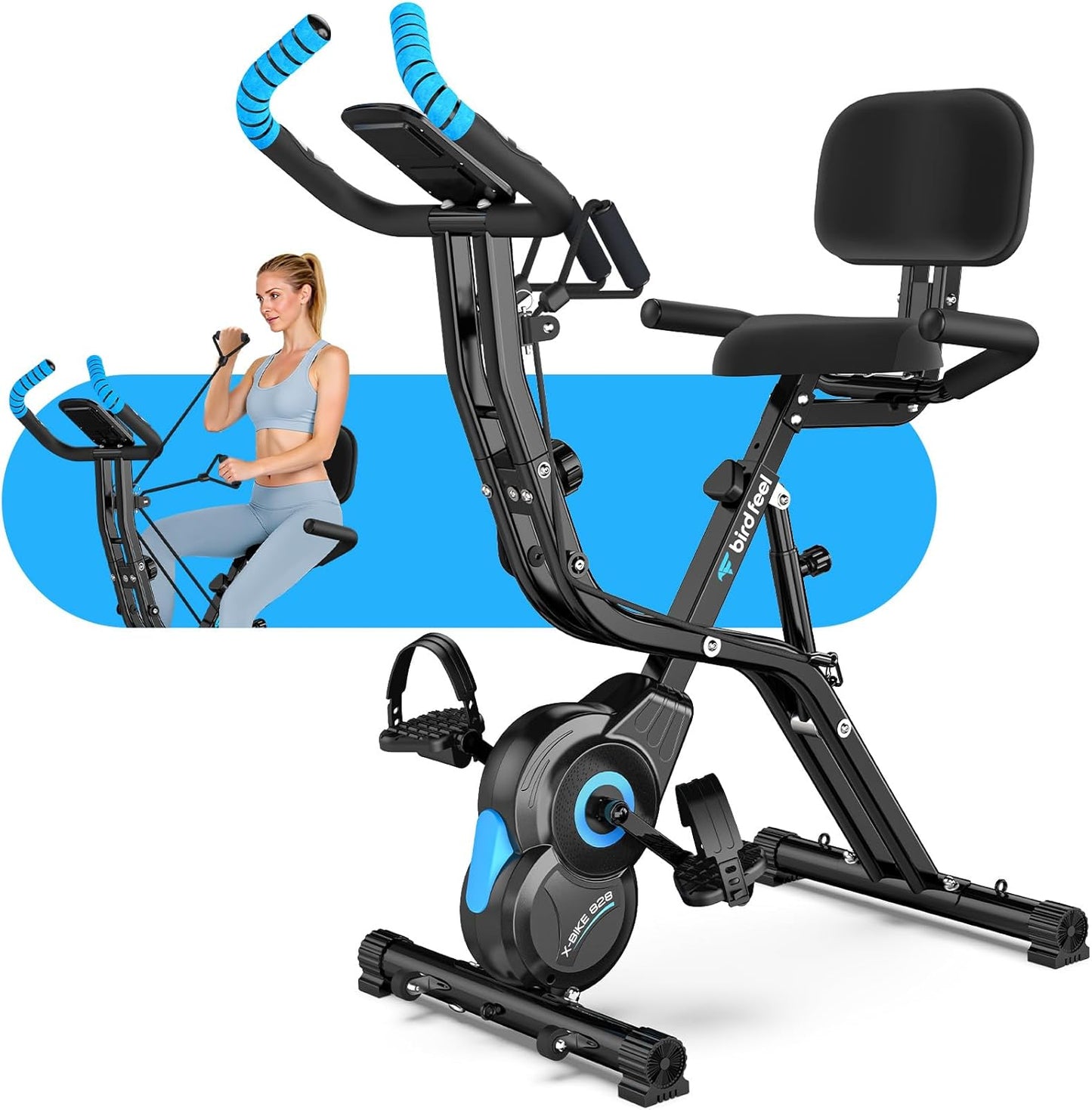 Foldable Exercise Bike, Multifunctional Indoor Stationary Bikes for Home with 8-Level Magnetic Resistance, Quiet Workout Bike with Arm Resistance Bands, LCD Monitor, 300LBS Capacity