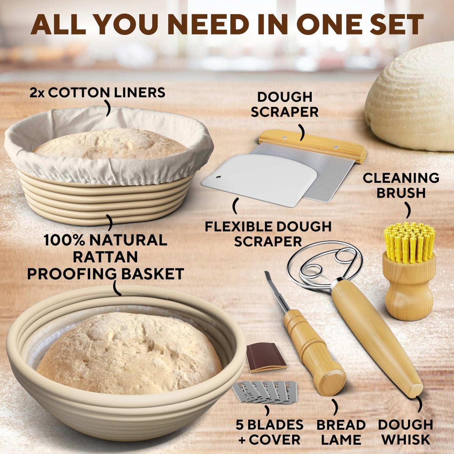Complete Bread Proofing Baskets Set - Premium Quality Kit for Sourdough Bread Making - Includes 9" & 10" Banneton Basket w/All Needed Bread Baking Supplies - Perfect Tools for Baking Enthusiasts