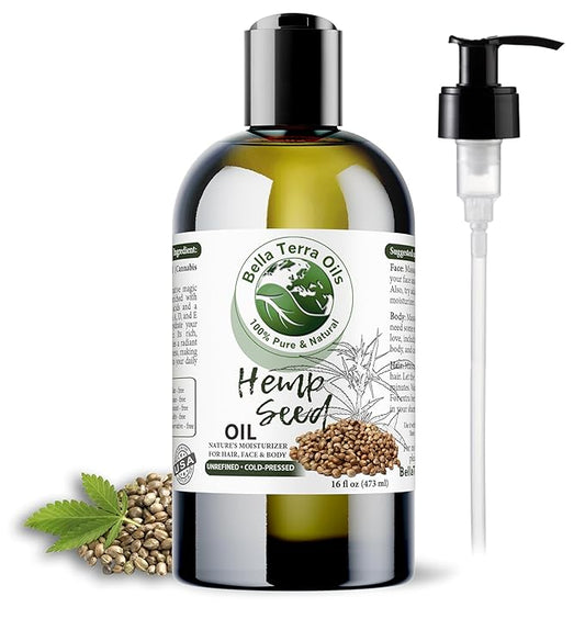 Bella Terra Oils - Hemp Seed Oil 16oz - A Confluence of Iron, Sodium, Phosphorus & Essential Fatty Acids, The True Epitome of Natural Beauty Oils