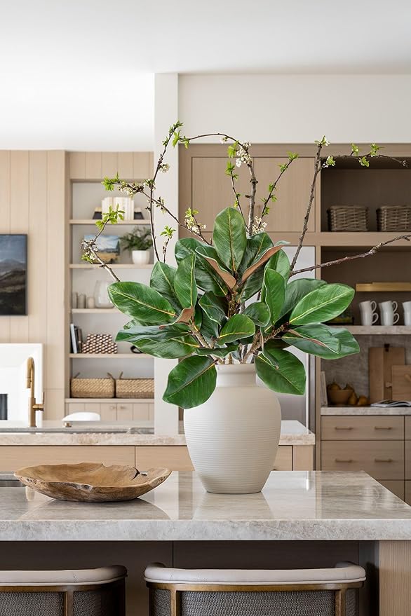 Briful Faux Magnolia Branches 22 Inches Artificial Leaves Stems Faux Greenery for Home Bathroom Table Vase Farmhouse Decor (Dark Green - Pack of 3)