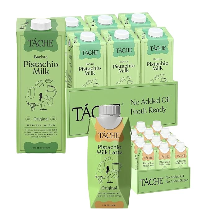 Táche Original Pistachio Milk and Ready-to-Drink Pistachio Coffee Latte Bundle, 32 oz Milk 6-Pack and 11 oz Latte 12-Pack