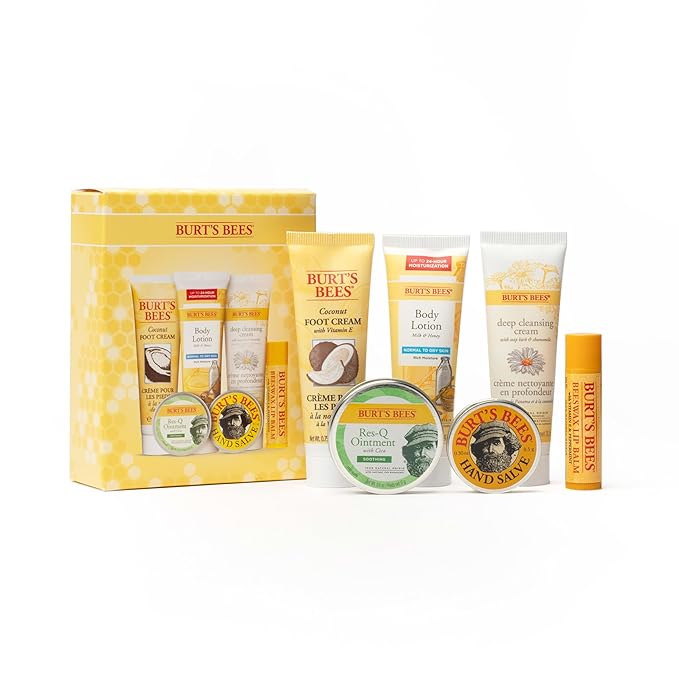 Burt's Bees Back to School Gifts Ideas, 6 College Dorm Products, Timeless Minis Set – Beeswax Lip Balm, Coconut Foot Cream, Milk & Honey Body Lotion, Deep Cleansing Cream, Res-Q Ointment & Hand Salve