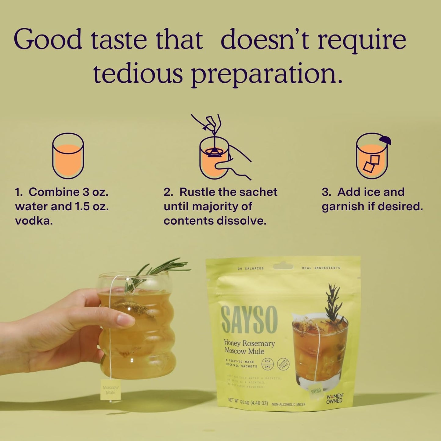 SAYSO Honey Rosemary Moscow Mule | The Original Craft Cocktail Tea Bag Mixer (Steep in Vodka & Cold Water, Enjoy in 1 Min) or Skip the Spirit for Mocktail | Organic, Certified Gluten-free & Non-GMO, 8 Count