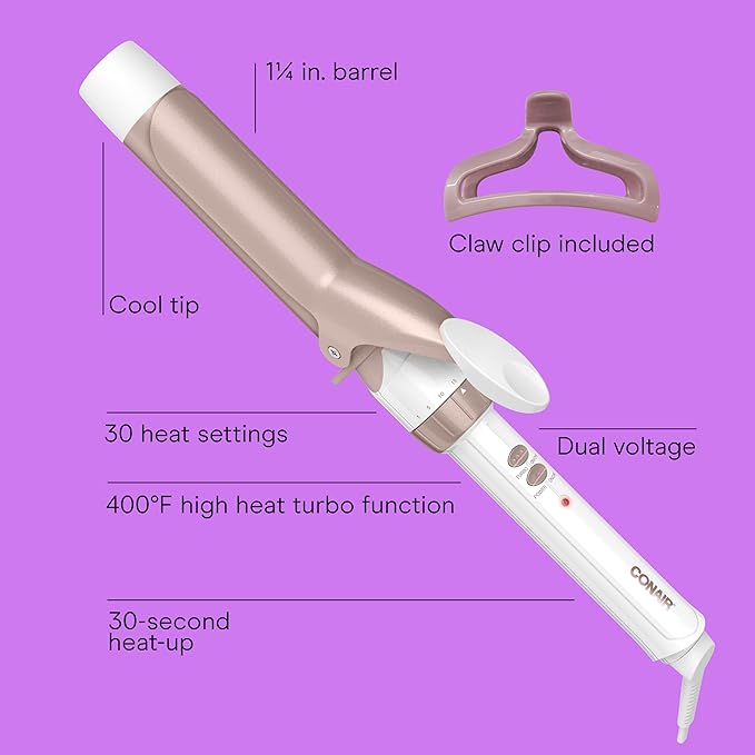 Conair Double Ceramic 1 ¼-Inch Curling Iron with Claw Clip, 1.25-Inch Barrel Creates Loose Curls, Hair Curler for Use on Medium and Long Hair, White