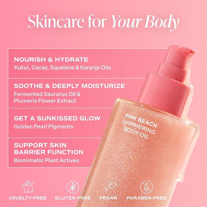 Saltair Shimmering Body Oil - Pink Beach Scented Dry Oil Moisturizer with Light-Reflecting Pearl Pigments. Moisturizing Glow for All Skin Types - 4 Fl Oz