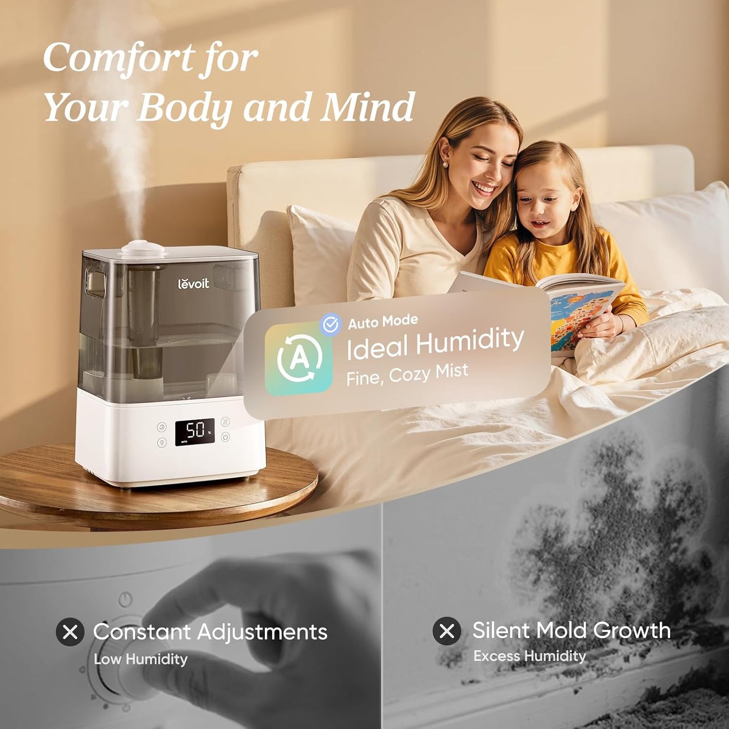 LEVOIT Humidifiers for Bedroom Large Room Home, (6L) Cool Mist Top Fill Essential Oil Diffuser for Baby & Plants, Smart App & Voice Control, Rapid Humidification & Auto Mode - Quiet Sleep Mode, Gray