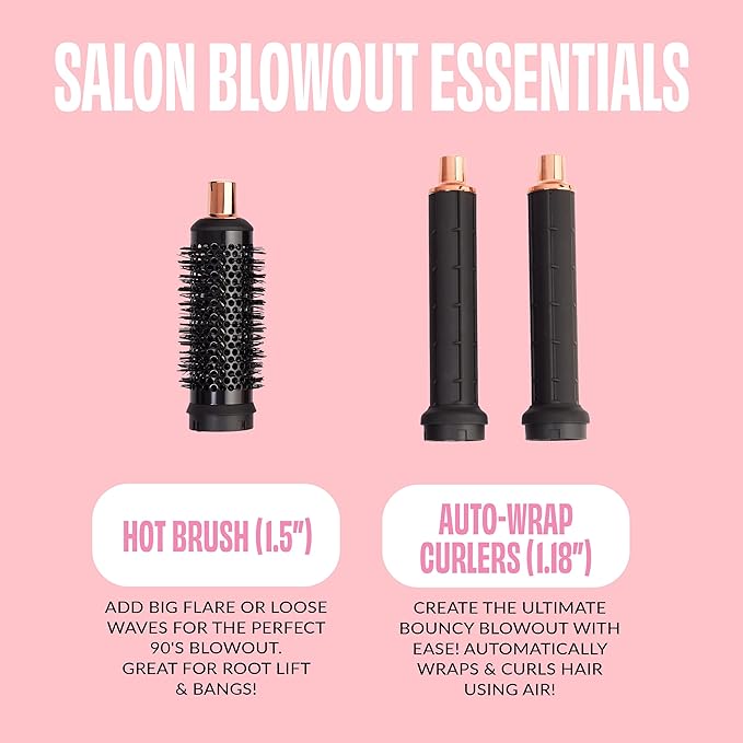 FoxyBae Interchangeable 5-in-1 Super Styler Pro Hair Styling Curling Iron Set - w/Drying Cylinder, Ceramic Blowout & Round Brushes, 2 Auto-Wrap Curlers - for Frizz-Free, Smooth Hair (Black-Rose Gold)