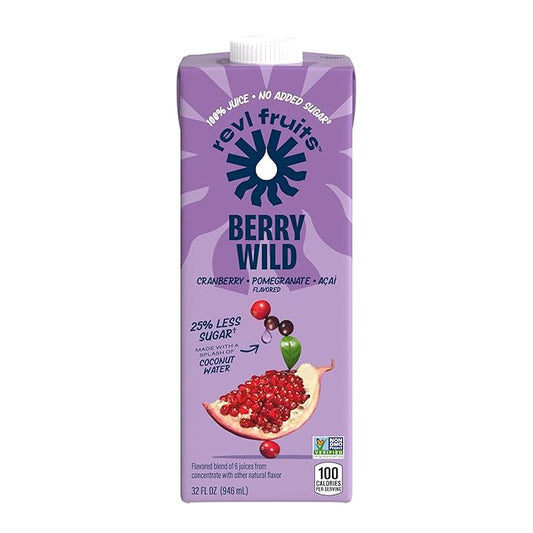 Revl Fruits 100% Juice, No Added Sugar, Cranberry Pomegranate Açai, Berry Wild, 32 fl oz. Carton