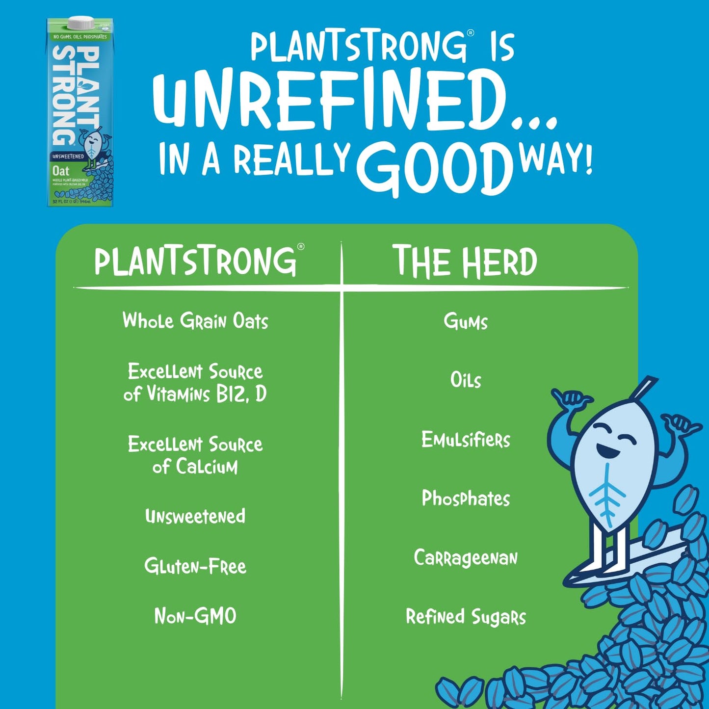 PLANTSTRONG Oat Milk Unsweetened 32oz (6 Pack) - NON-GMO - Plant Based, Vegan - Gluten Free Dairy Free - Shelf Stable - Lactose Free Milk - No Gums or Oils