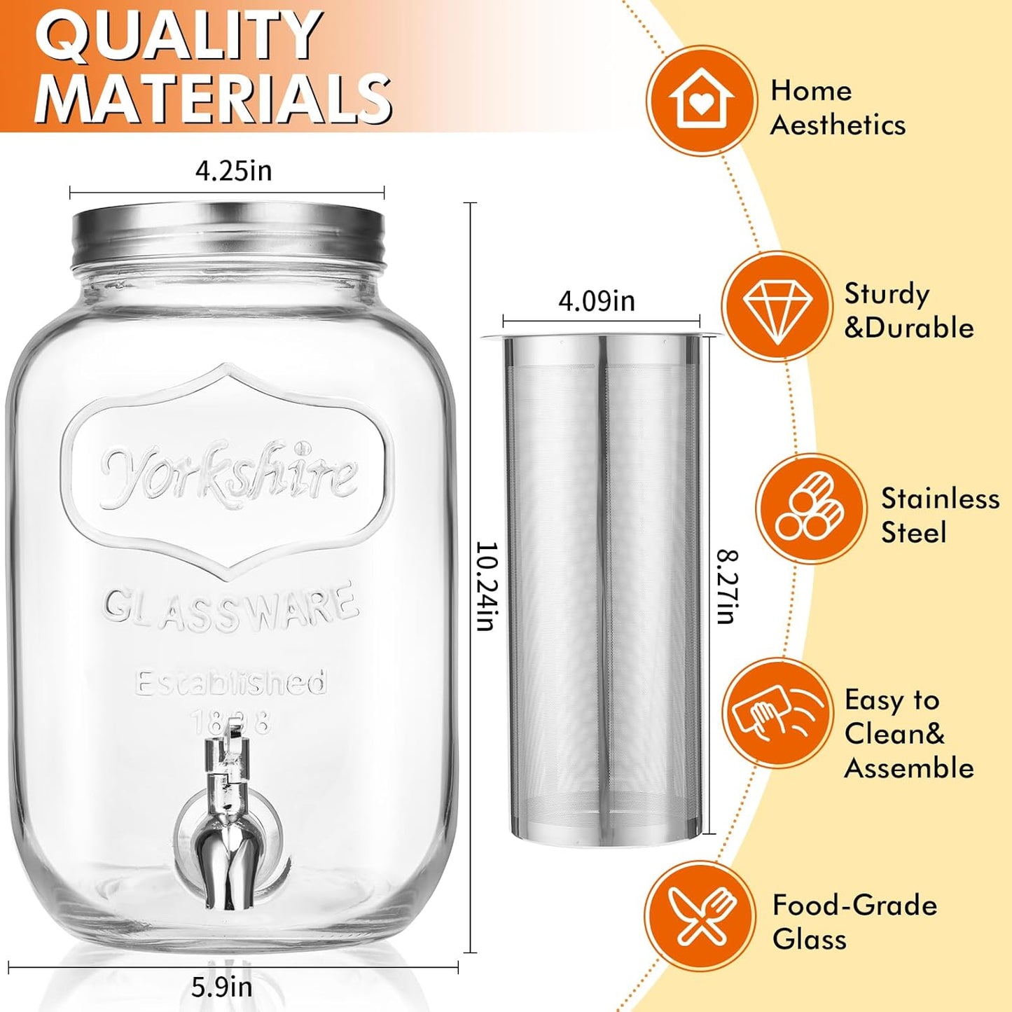 1 Gallon Kombucha Starter Kit, Glass Kombucha Jar with Spigot and Stainless Steel Mesh Filter Fermentation Kit for Home Brewed Kombucha Bottles, Includes Test Strips, Measuring Cups, Cloth Top