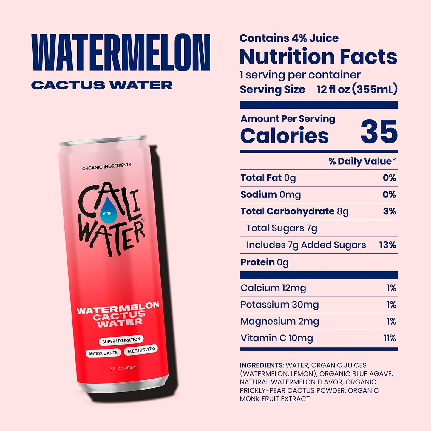 Caliwater - Organic Cactus Water - Watermelon - 5g Sugar, 35 Calories - Half Sugar of Coconut Water - Natural Plant Based Hydration - Skin Care, Electrolyte Drinks - Flavored Water Beverages - 12 Cans