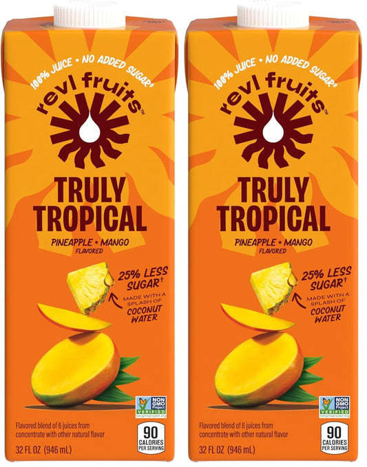 Revl Fruits 100% Juice, No Added Sugar, Pineapple Mango, Truly Tropical, 32 fl oz. Carton (Pack of 2)