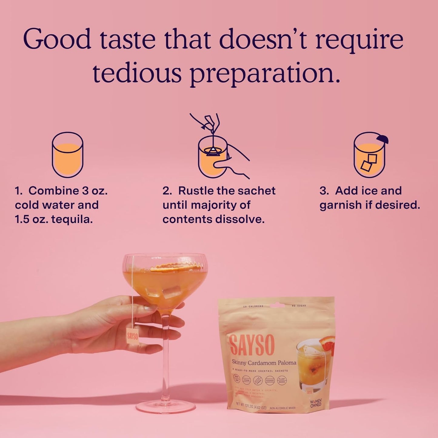 SAYSO Skinny Cardamom Paloma | The Original Craft Cocktail Tea Bag Mixer | Organic, Certified Gluten-free, Non-GMO |< 15 Cal, 0g Sugar, Steep in Cold Water & Spirits, For a Perfect Mocktail, 8 count