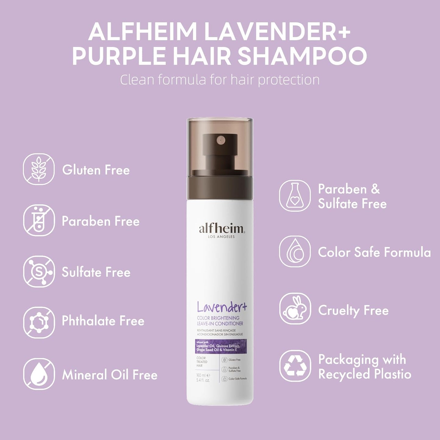 ALFHEIM Lavender Purple Leave-In Conditioner Spray Repairs Blonde & Gray Hair Strengthens Dry Damaged Strands Lightweight Non-Sticky Formula Paraben & Sulfate-Free for On-the-Go & Post-Color Care